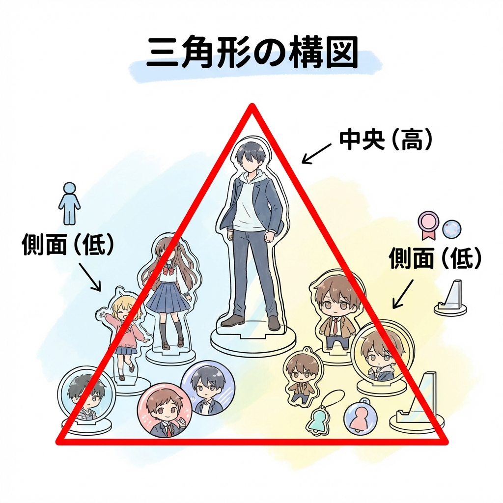 三角形の構図（トライアングル構成）の図解。中央奥が高く、左右手前が低くなる配置。