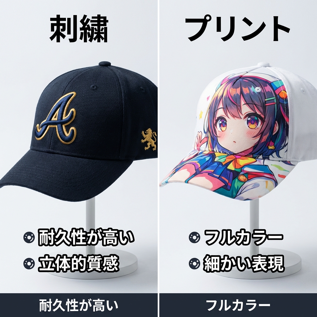 キャップの刺繍とプリントの比較図解