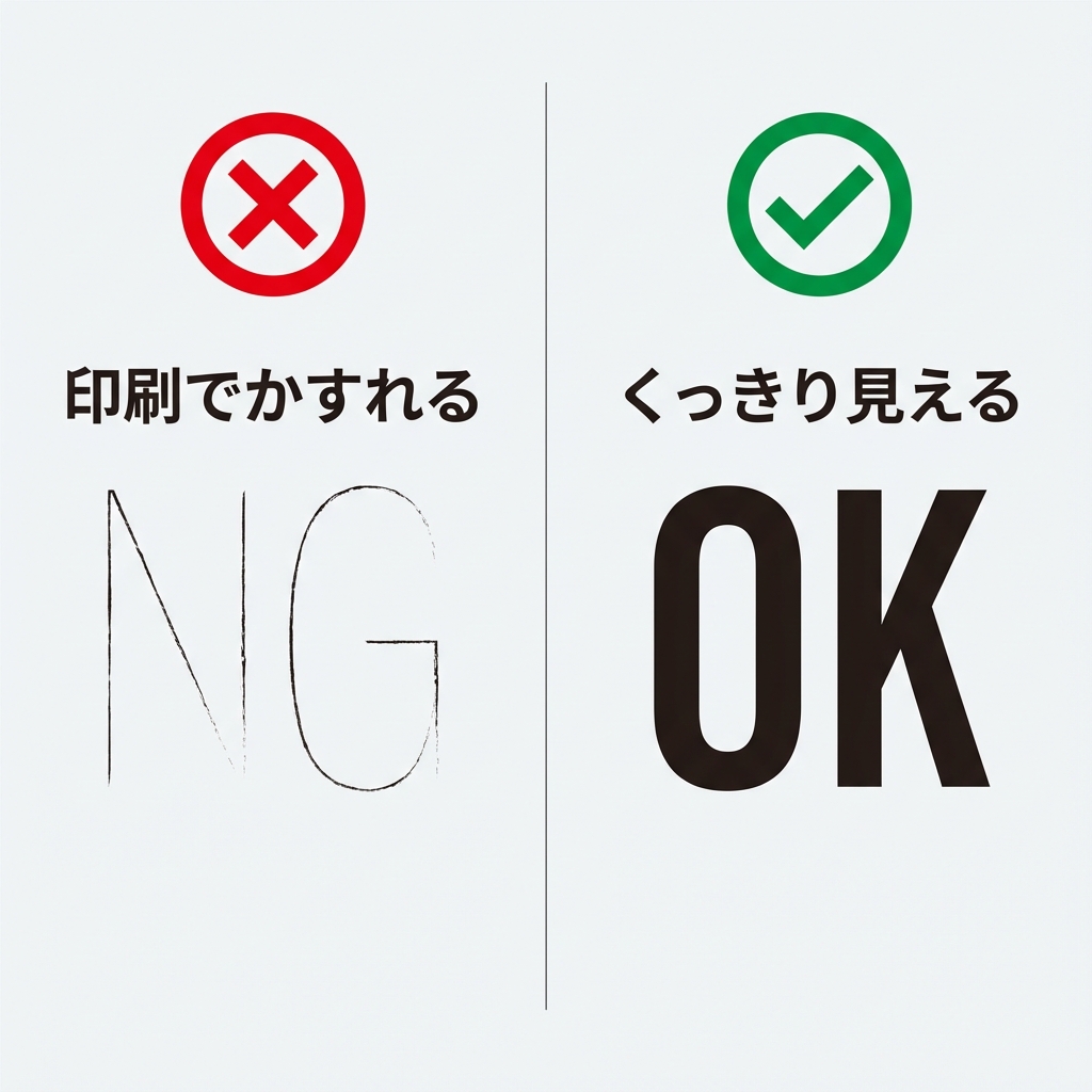 細いフォントは印刷でかすれるNG例、太いフォントはくっきり見えるOK例の比較図