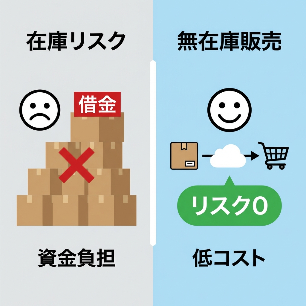 従来の在庫販売と無在庫販売（ドロップシッピング）の仕組み比較図。無在庫は注文後に製造・発送されるためリスクがないことを図解。