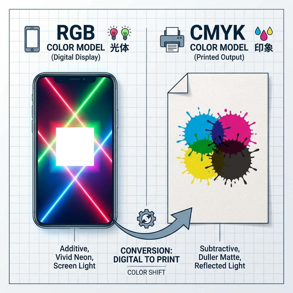 RGBとCMYKの比較図：左のRGBは鮮やかな魔法少女だが、右のCMYKは色がくすんで沈んでいる