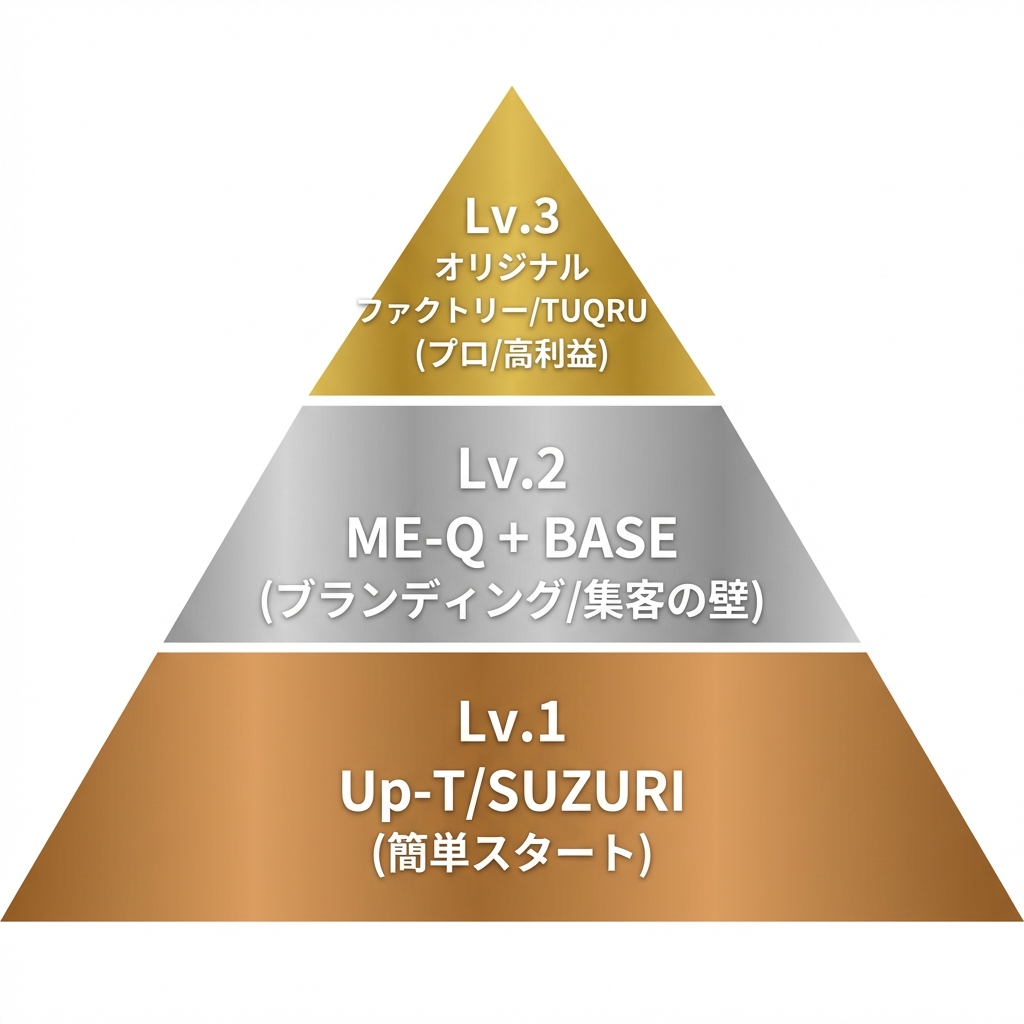 グッズ販売の3つのレベル（レベル1：Up-T/SUZURI、レベル2：BASE、レベル3：Original Factory）を示すピラミッド図