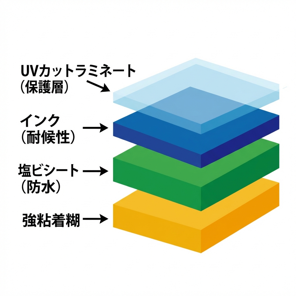高耐久ステッカーの断面図解説(UVカット・インク・塩ビ)