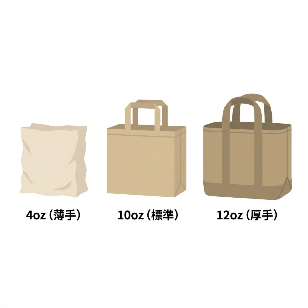 キャンバストートのオンス（厚み）比較図解