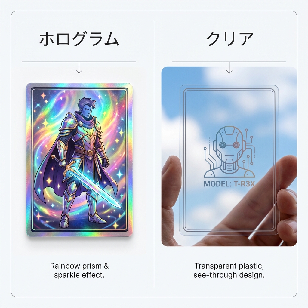紙・ホログラム・クリア素材のトレカ比較図