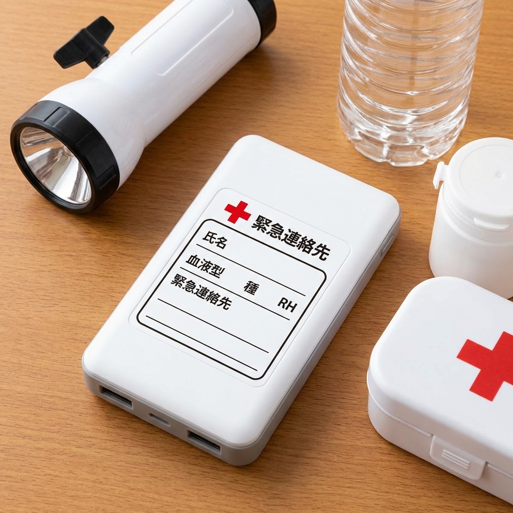 モバイルバッテリーの裏面に氏名や緊急連絡先がプリントされたイメージ図